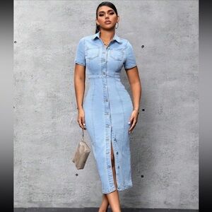 Shein denim light blue midi button down dress